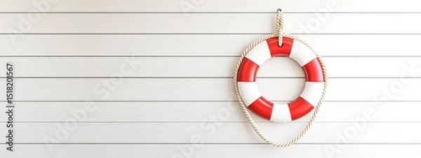 Obraz Nautical safety equipment, maritime rescue rediness concept, 3d rendering illustration - orange lifebuoy hanging on white wooden wall texture background banner long panorama