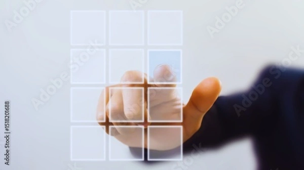 Fototapeta Businessman's hand touches a virtual screen, interacting with a digital business network diagram for success