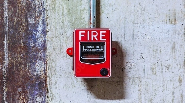Fototapeta A vintage red fire alarm box with an emergency stop sign on a wall