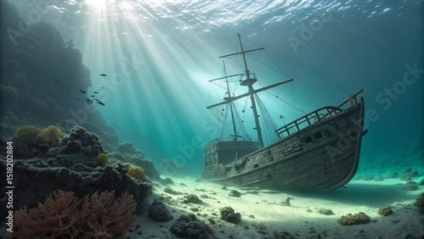 Fototapeta A sunken ship lies on the ocean floor, illuminated by the sun's beautiful rays.