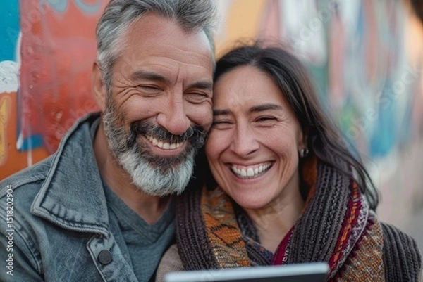 Obraz Portrait of a grinning mixed race couple in their 40s using a digital tablet together