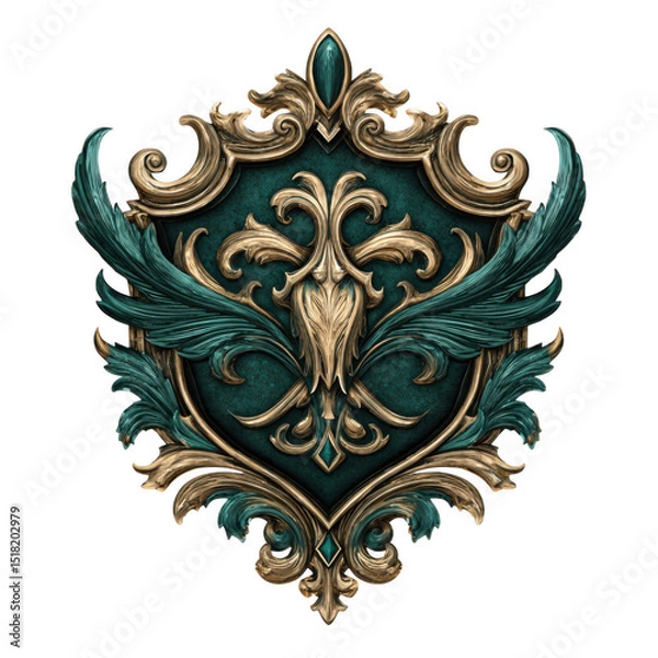 Fototapeta Elegant academic emblem featuring intricate designs and ornate details, showcasing blend of gold and teal colors. This symbol represents tradition and sophistication in refined style