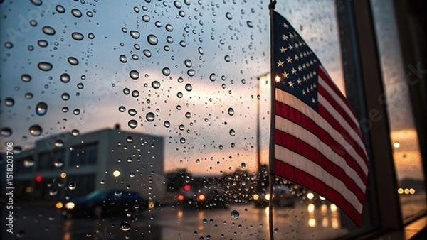Fototapeta A wet window pane with an american flag during a beautiful, colorful sunset.