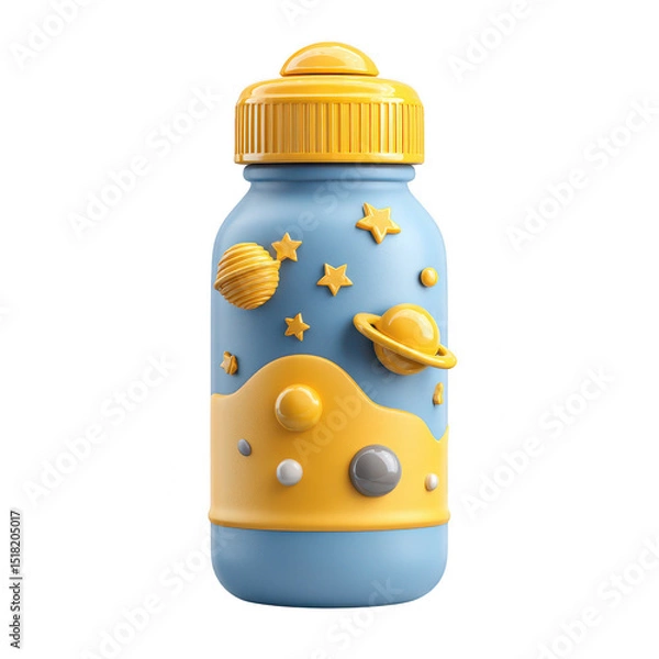 Fototapeta Playful space themed kids bottle featuring vibrant colors and fun 3D elements like planets and stars. This cute design is perfect for young explorers and adds excitement to hydration