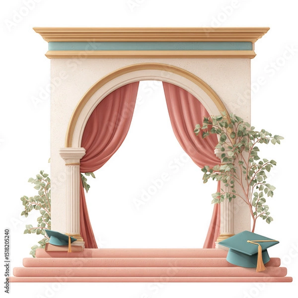 Fototapeta Decorative graduation arch featuring elegant curtains and greenery, perfect for celebrating academic achievements. This stage element adds festive touch to any graduation ceremony