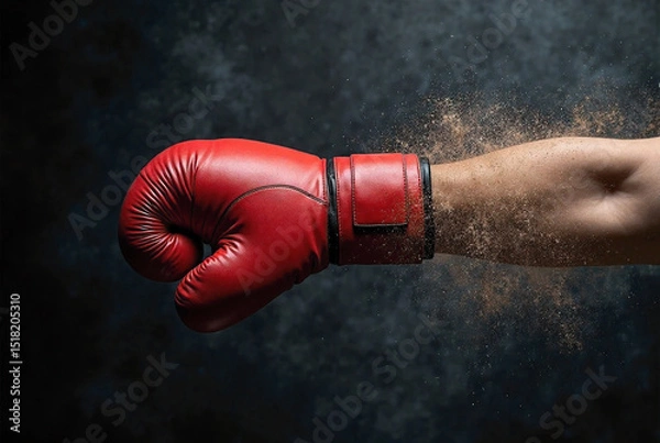 Fototapeta Red Boxing Glove Punch Impact with Flying Dust and Debris on Dark Background