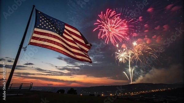 Fototapeta American flag waves as fireworks light up the sky during the 4th of July celebration.