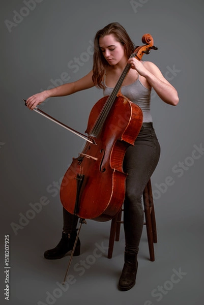 Fototapeta Young musician playing cello with passion and skill on grey background