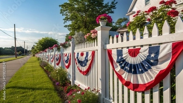 Fototapeta An ornate white picket fence adorned with festive patriotic bunting and lovely flowers.