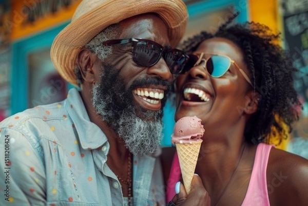 Obraz Portrait of a grinning afro-american couple in their 40s eating ice cream