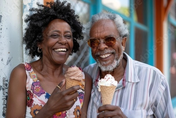 Obraz Portrait of a grinning afro-american couple in their 40s eating ice cream