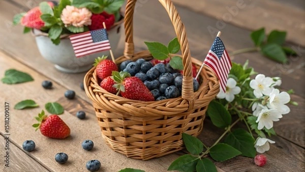 Fototapeta A woven basket overflows with blueberries and strawberries, accented by American flags and flowers.