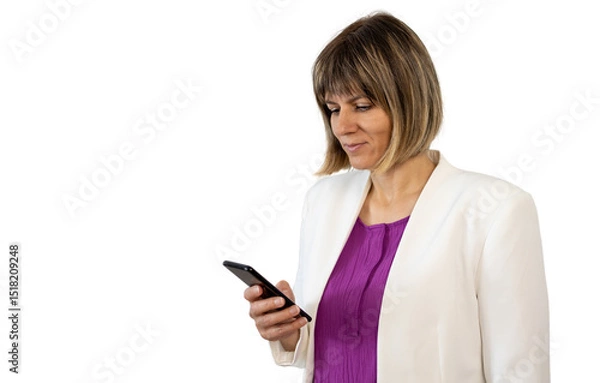 Fototapeta Smiling businesswoman using smartphone with transparent background