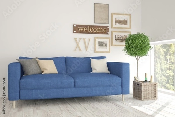 Fototapeta White room with sofa and green landscape in window. Scandinavian interior design. 3D illustration