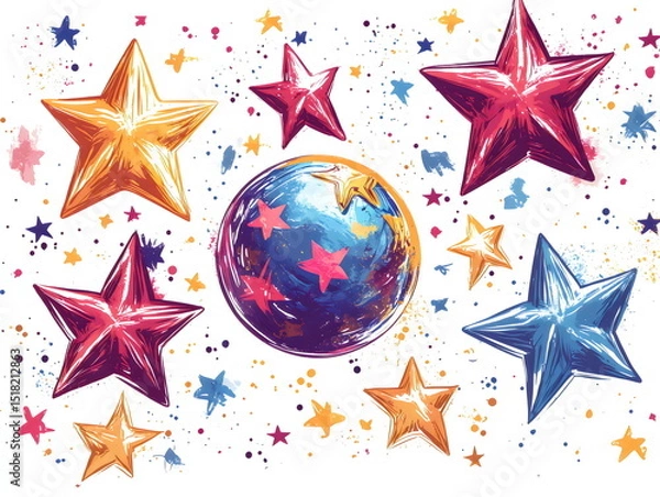 Obraz Colorful celestial celebration with stars surrounding a vibrant Earth in a whimsical cosmic design