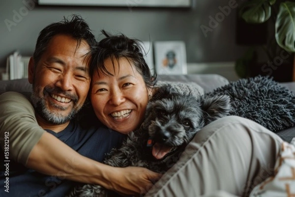 Obraz Portrait of a happy asian couple in their 40s relaxing with their dog on the sofa
