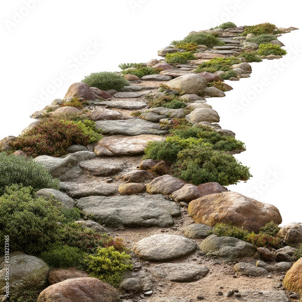 Fototapeta Tranquil stone path meanders through peaceful garden, surrounded by lush greenery and vibrant plants. natural stones create serene atmosphere, inviting relaxation and contemplation