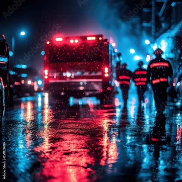 Fototapeta Emergency Response Team in Rainy Urban Environment at Night
