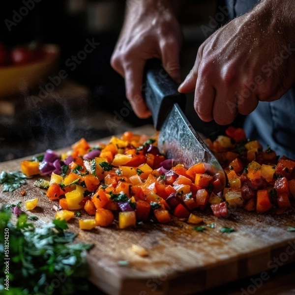 Fototapeta Colorful Chopped Vegetables Freshly Prepared on Wooden Cutting Board