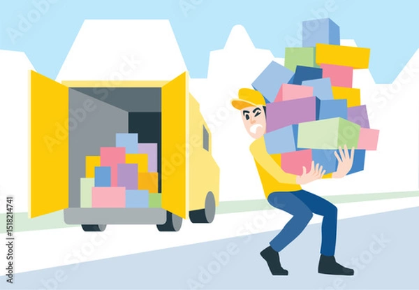 Obraz The delivery man carries packages to customers. Online ordering and tracking in the mobile application. 
