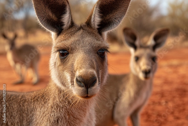 Fototapeta mob of curious kangaroos in australian red dirt outback desert