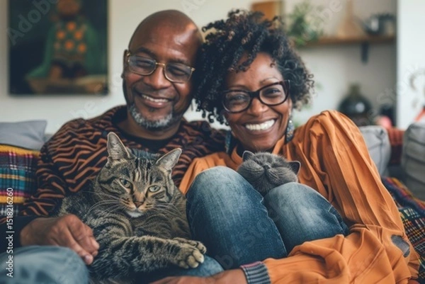 Obraz Portrait of a cheerful multicultural couple in their 40s relaxing with their cat on the sofa