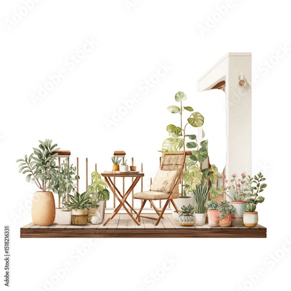Fototapeta Serene balcony garden featuring wooden deck, potted plants, and cozy seating arrangement. calming layout invites relaxation and connection with nature, creating peaceful retreat
