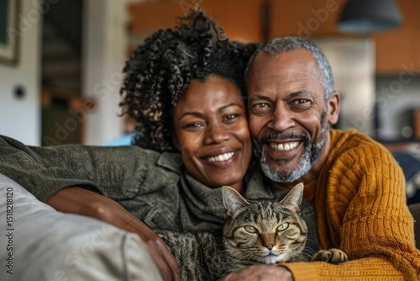 Obraz Portrait of a smiling multicultural couple in their 40s relaxing with their cat on the sofa