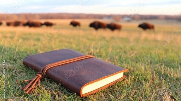 Obraz A leather-bound journal resting on grass in a serene landscape with bison grazing in the background