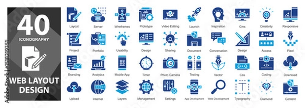 Fototapeta A glyph duotone icon set built for designers and developers, showcasing layout planning and content structuring in digital projects.        
