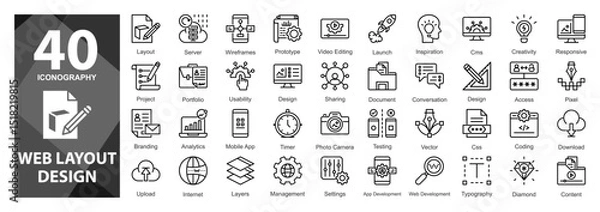 Fototapeta A line solid color icon pack offering essential UI components and layout elements for mobile apps and modern responsive web interfaces.     