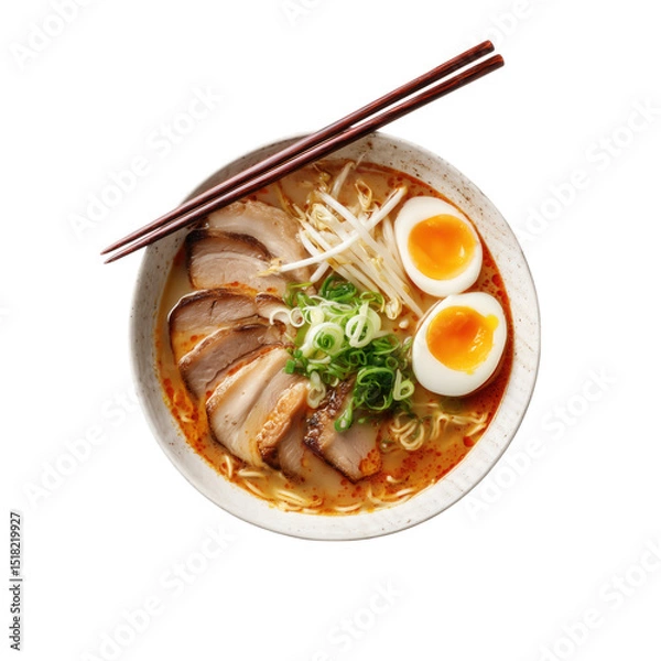 Fototapeta Hot ramen with egg, pork slices, green onion, bean sprout, and spicy broth in ceramic bowl, garnished and served with chopsticks, creating comforting and appetizing meal, isolated​ on​ transparent​