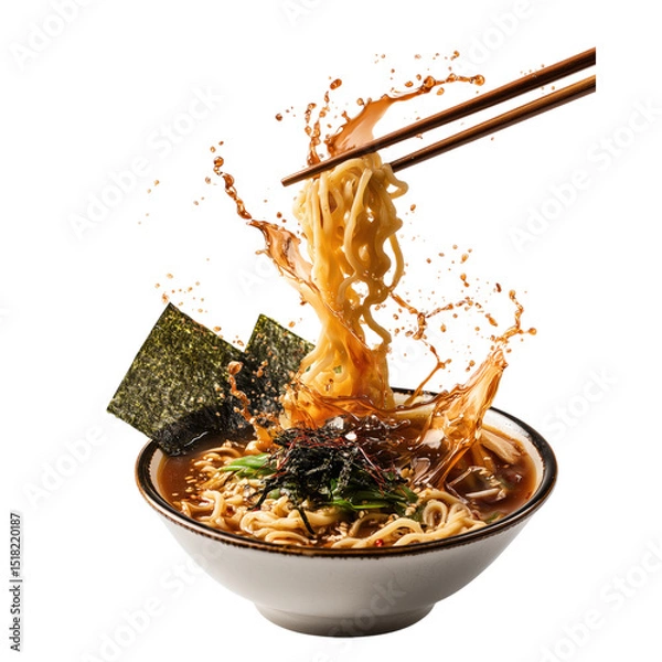 Fototapeta Spicy miso ramen bowl with noodles lifted by chopsticks, seaweed, green onion, and broth splash, creating dynamic and appetizing scene, isolated​ on​ transparent​