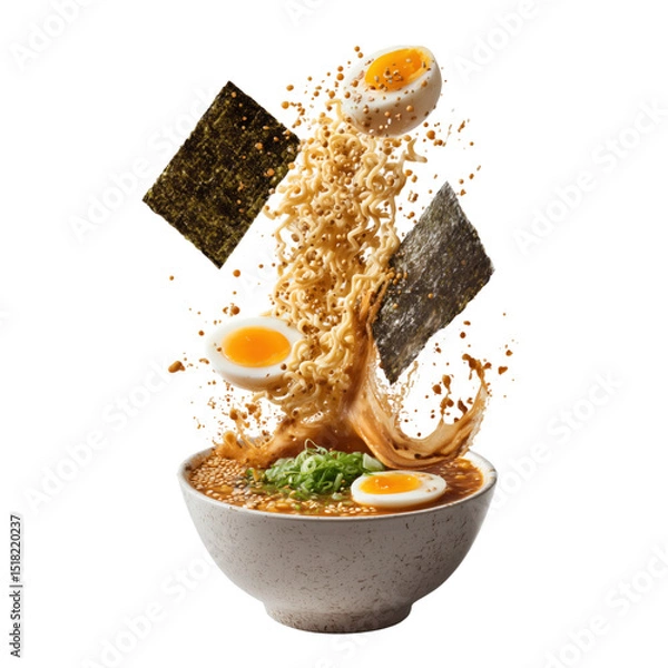 Fototapeta Spicy miso ramen with floating noodles, soft boiled egg, seaweed, and green onion in ceramic bowl, dynamic splash, delicious and energetic food concept, transparent​background​