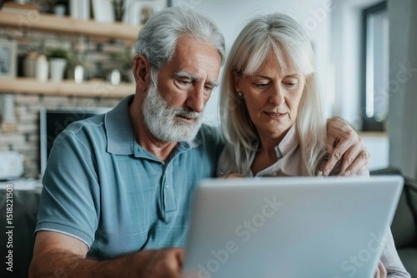 Obraz Portrait of a content couple in their 40s using a laptop together