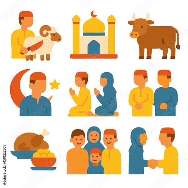 Obraz Eid Adha pack set includes diverse Muslim holiday icons for celebrations. Perfect for festive designs, social media posts, and digital content.