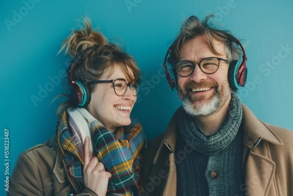 Obraz Portrait of a happy caucasian couple in their 40s listening to music
