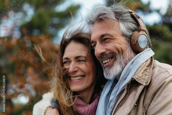 Obraz Portrait of a happy caucasian couple in their 40s listening to music