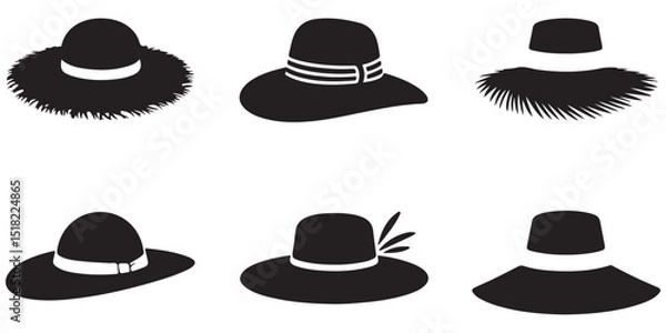 Obraz set of vector various style sun hat, beach hat, summer straw hat silhouette	

