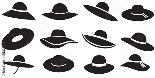 Obraz set of vector various style sun hat, beach hat, summer straw hat silhouette	

