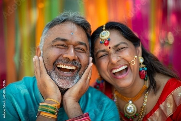Obraz Portrait of a grinning indian couple in their 40s listening to music