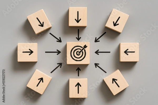 Obraz Concentration focus and strategy is symbolized by wooden blocks directing attention toward a central target icon representing business alignment and goal achievement