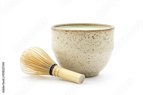 Obraz ceramic cup filled with frothy matcha green tea sits beside a traditional bamboo chasen (whisk), both placed against a clean white background