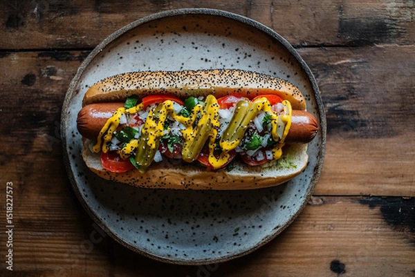 Obraz Overhead view of a classic Chicago-style hot dog in a poppy seed bun, topped with mustard, onions, relish, tomato slices, sport peppers, and pickles