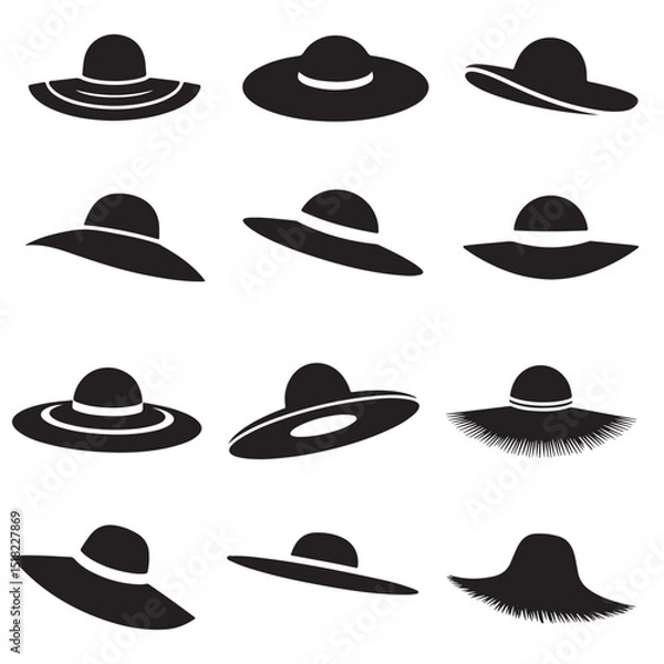 Obraz set of vector various style sun hat, beach hat, summer straw hat silhouette	


