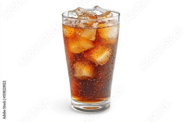 Obraz Studio image of a tall glass filled with cola and ice cubes, with condensation on the glass against a white background.