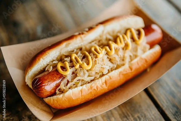 Obraz Top-down view of a classic New York-style hot dog topped with sauerkraut and yellow mustard, served in a soft bun on a paper tray.