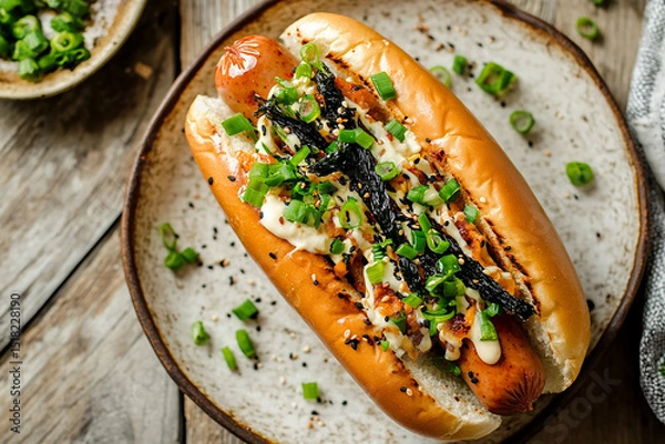 Obraz Top-down view of a Japanese-style terimayo hot dog topped with teriyaki sauce, mayonnaise, green onions, nori strips, and sesame seeds on a ceramic plate.