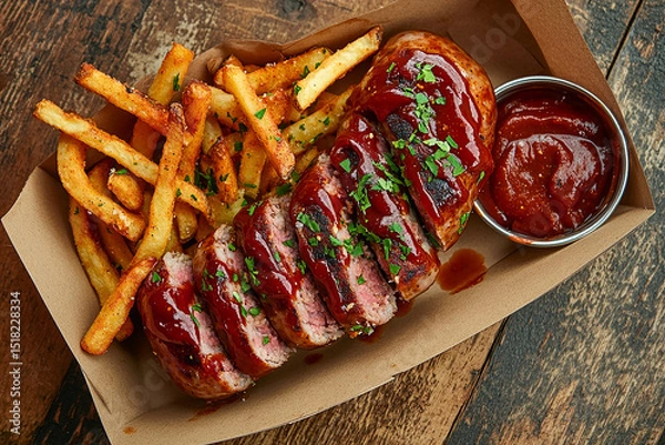 Obraz Top-down view of German currywurst, sliced and topped with curry ketchup and herbs, served with seasoned fries and a side of extra ketchup in a paper tray on a rustic wooden table.