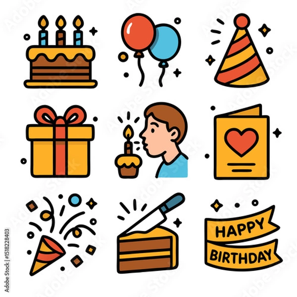 Obraz Birthday icon pack with cake, balloons, and gift icons; ideal for party invitations, greeting cards, social media posts, and websites.